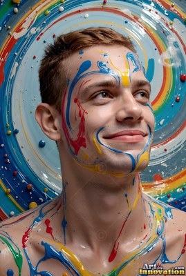 Blue and yellow paint drips across a smiling man's face before a circular backdrop