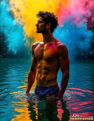 A shirtless man stands waist-deep in water as yellow and blue powder clouds rise behind him