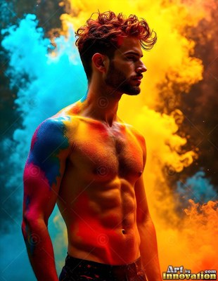 In profile, a shirtless man covered in paint stands by clouds of blue powder smoke