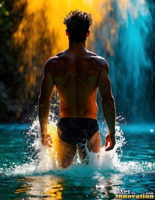 A man stands in splashing blue water under falling yellow and blue streams