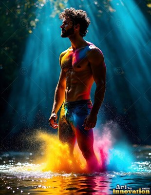 In a sunlit stream, a shirtless man stands in yellow and blue powder splashes