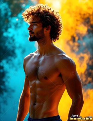 Standing shirtless, a curly-haired man poses between blue light and yellow smoke