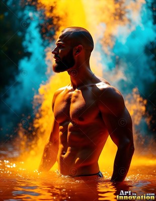 Muscular bearded man standing in water surrounded by orange splash