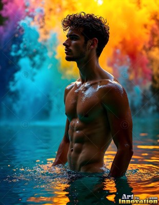 Curly dark hair crowns a shirtless man standing in blue water under clouds of color