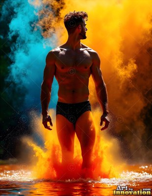 A man stands in dark water as bright orange and blue clouds burst around him