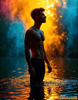 Turned in profile, a shirtless man stands in dark water lit by orange light