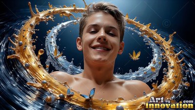 A smiling young man framed by spinning rings of splashing gold liquid and water