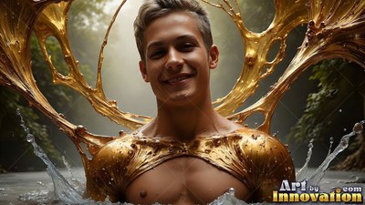 In a river canyon, a smiling man is splashed with thick gold liquid