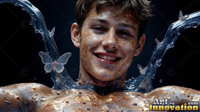 Smiling warmly, a young man is covered in splashed water and clear butterflies