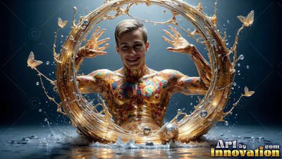 A smiling man covered in paint inside a splashing gold ring