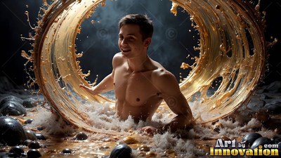 A shirtless man rises through a circular ring of splashing gold liquid under cool light