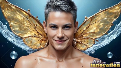 Facing forward in a dark space, a smiling man with gold liquid wings