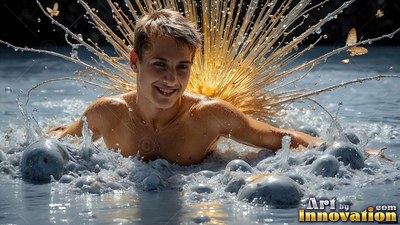 A smiling young man leans in bubbling water as golden splashes burst behind him