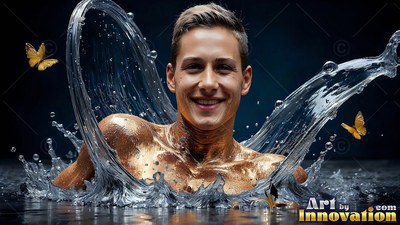 In a dark pool, a smiling young man in gold body paint emerges from splashing water