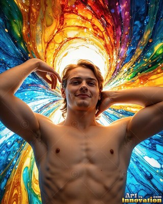 Raising his arms, a shirtless man smiles before a swirl of yellow and blue paint