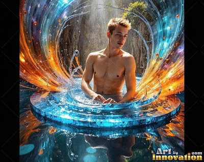 A shirtless man sits inside a circular splash of blue and orange water