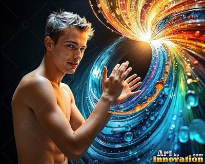 Short blond hair frames a shirtless man clapping before swirls of blue and gold water in a dark studio