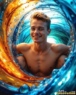 A smiling bare-chested man looks out from a swirling tunnel of blue and amber water