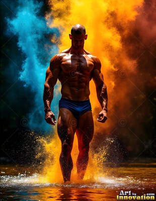 Facing forward in shallow water, a muscular man walks through blue and yellow powder