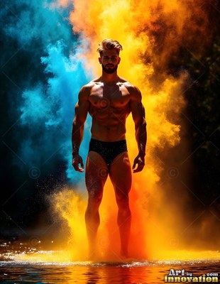 A muscular man in black trunks stands between clouds of blue and orange powder