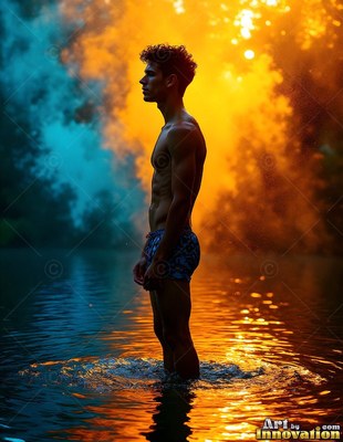 In shallow water, a shirtless man is standing in profile between blue and orange smoke