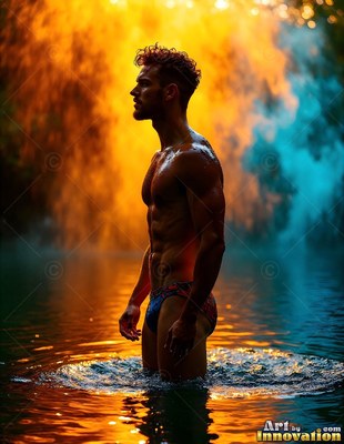 Standing in dark water, a muscular man poses in swim briefs before orange and blue smoke