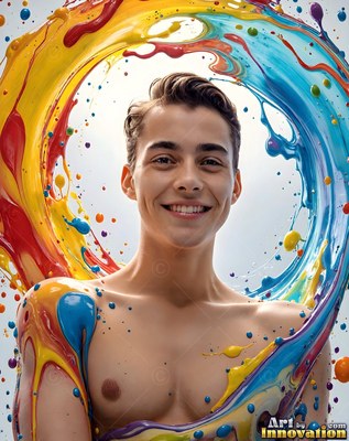 Smiling young man circled by splashing yellow and blue paint