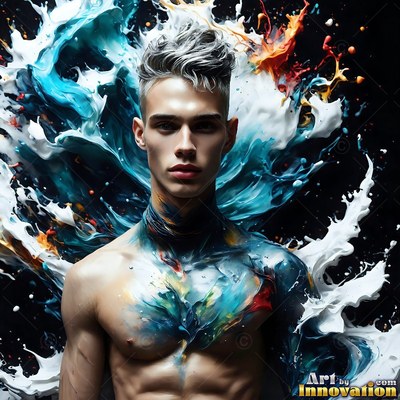 Short silver hair tops a shirtless man standing before splashes of blue and white paint on black