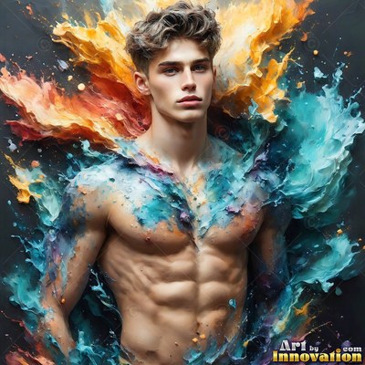 A shirtless man stands as orange and teal paint splashes across his shoulders