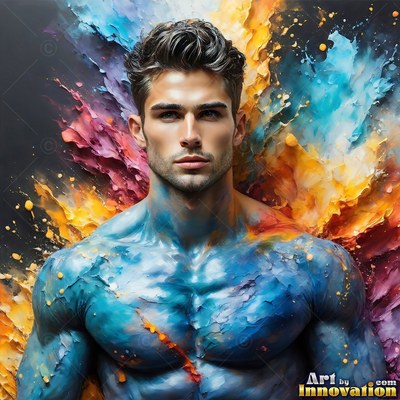 A shirtless man covered in thick blue paint faces forward against splashed color