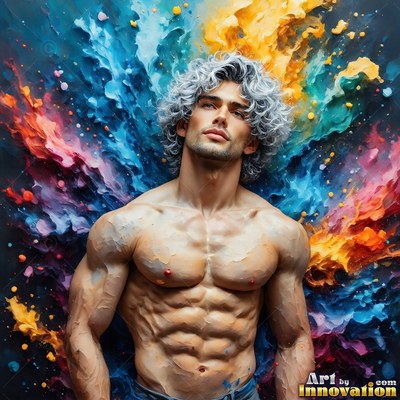 Curly gray hair crowns a shirtless, muscular man standing against splashes of blue and yellow paint