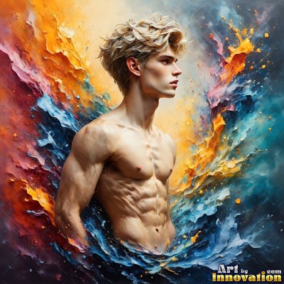 A shirtless blond man turns his profile as thick blue and orange paint splashes around him