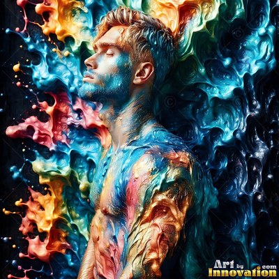 A shirtless man looks up while covered in thick splashes of blue and orange paint