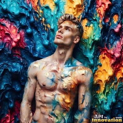 Before a wall of thick blue and gold paint, a shirtless man looks up