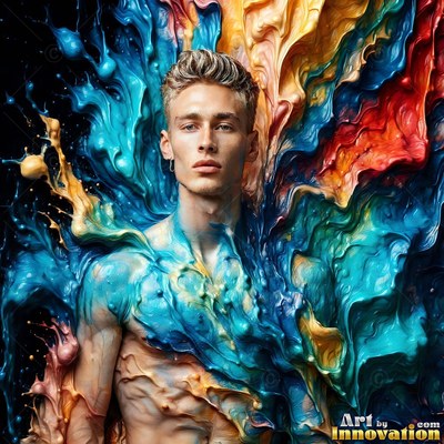 Looking forward, a shirtless man is surrounded by swirling blue and yellow paint