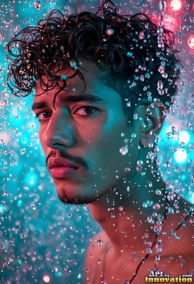 In falling water with teal and pink lights, a shirtless man stares ahead