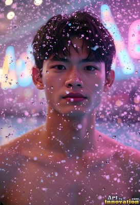 Looking forward, a bare-chested young man stands behind falling pink falling drops of water