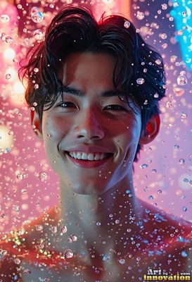Shirtless man with a smile surrounded by falling drops of water in pink light