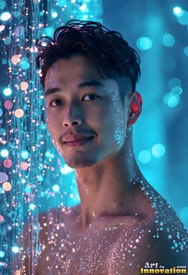 Wet dark hair on a smiling bare-shouldered man under cascading water drops in cool blue light
