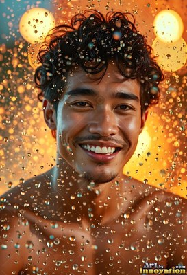 A shirtless man smiles through falling drops of water in warm yellow light