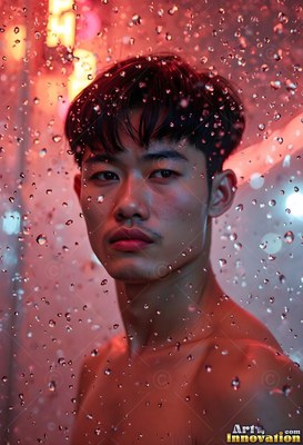 Turned toward the glass, a man without a shirt stands in a shower of pink water droplets