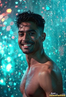 A shirtless man smiles in turquoise water spray with bright bokeh lights