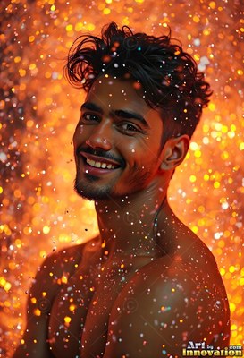 In warm yellow light, a happy man without a shirt stands in bright falling droplets