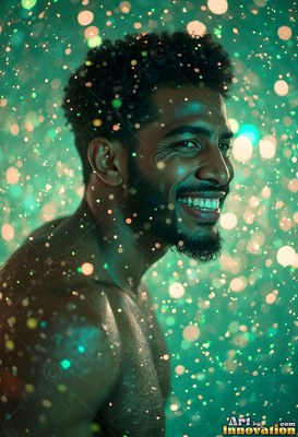Smiling in profile, a shirtless man turns in green light under falling drops
