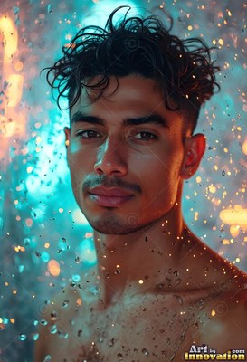 A shirtless man in descending water under teal light
