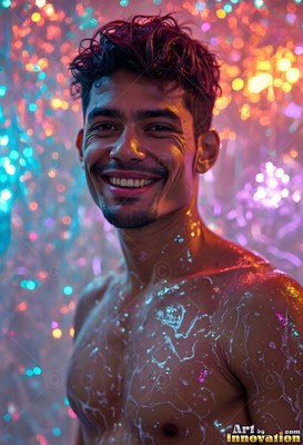 A bare-chested man smiling stands covered in paint splatters under pink light