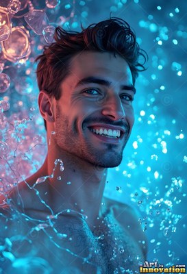 Facing forward in a shower, a shirtless man smiles under bright blue light
