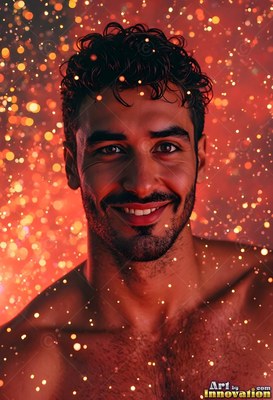 A bare-chested man smiling with dark curly hair stands in warm red light with bright sparks around him