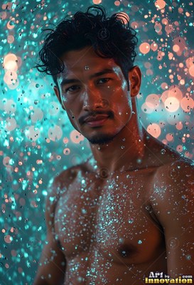 In a shower of teal water droplets, a shirtless man peers directly forward
