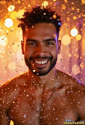 Smiling in water coming down, a shirtless man standing in warm yellow light